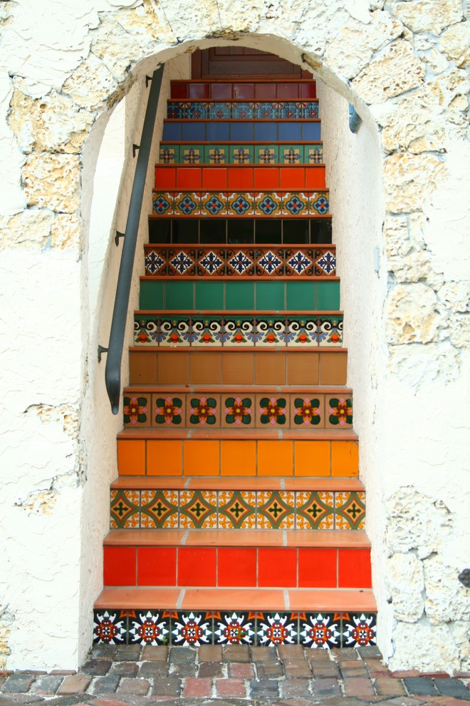 Mediterranean House Colors Staircase Eclectic with Beige Tiles Blue Tiles