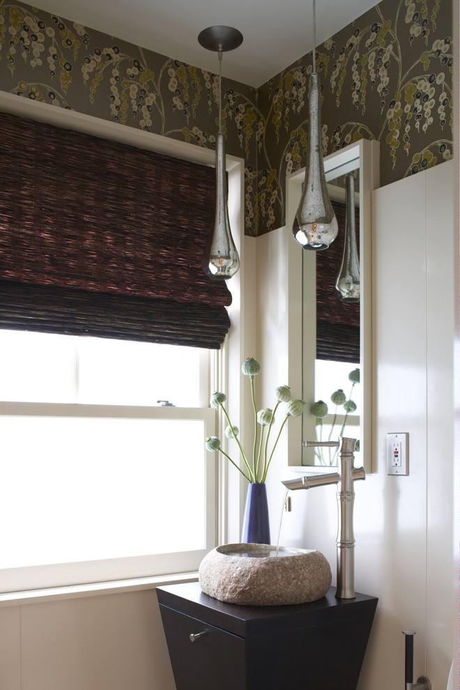 Mercury Glass Pendant Powder Room Contemporary with Bathroom Mirror Floral Wallpaper