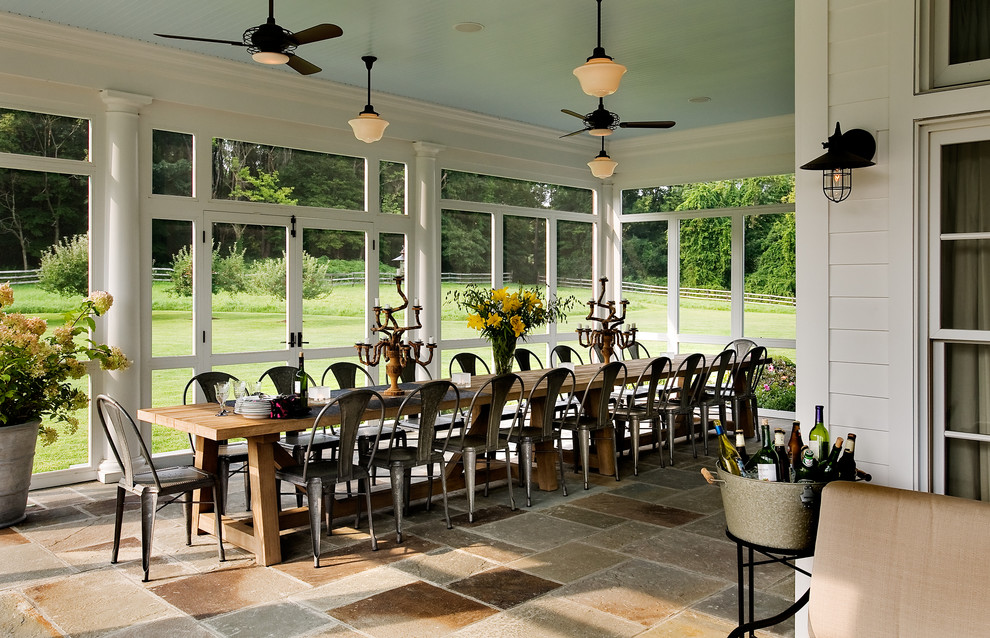 Metal and Wood Dining Table Porch Farmhouse with Accent Ceiling Beadboard Ceiling