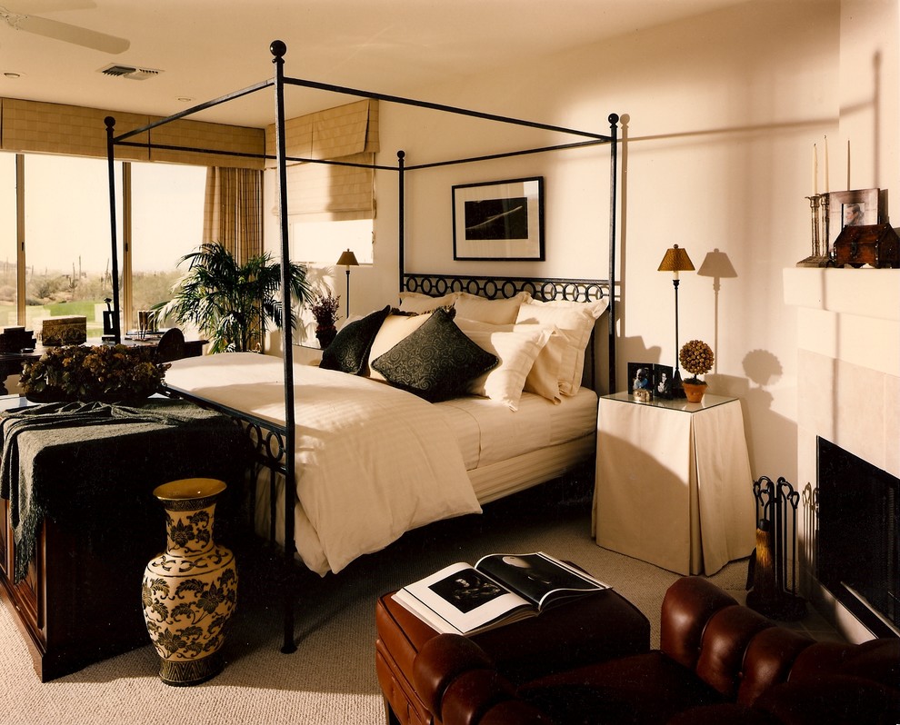 Metal Canopy Bed Bedroom Eclectic with Fabric Covered Night Tables