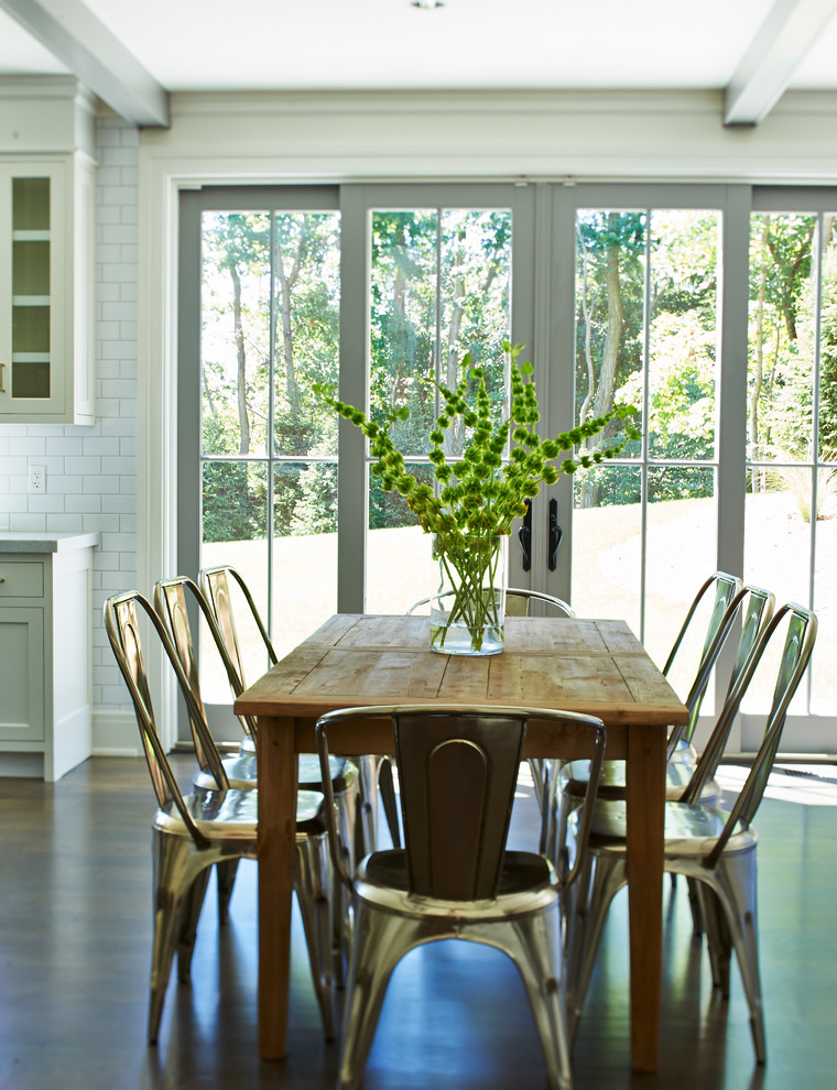 Metal Dining Chairs Dining Room Farmhouse with Ceiling Beams Floral Arrangements