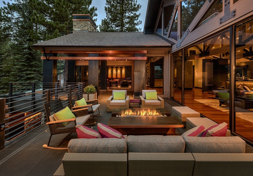 Metal Fire Pit Deck Contemporary with Beige Armchair Beige Ottoman