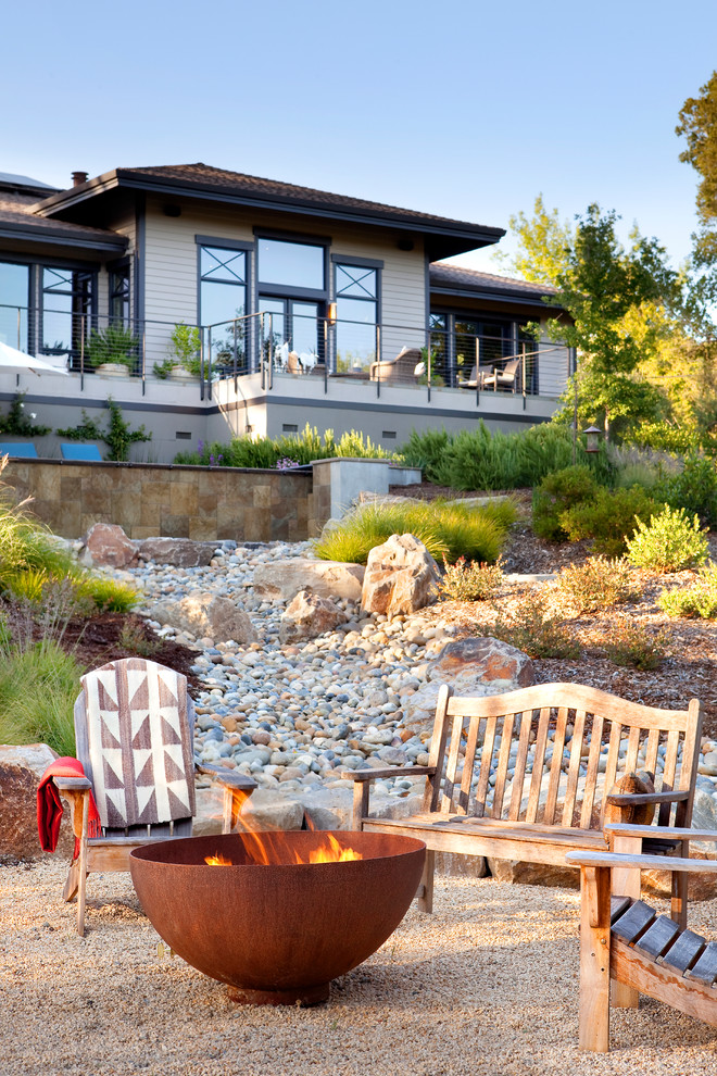 Metal Fire Pit Patio Transitional with Beige Exterior Beige Siding