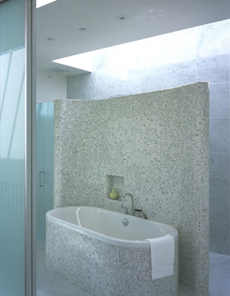 Metal Mosaic Tile Bathroom Contemporary with Bathtub Built in Shelf Frosted