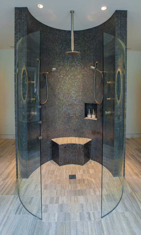 Metal Mosaic Tile Bathroom Contemporary with Beige Tile Floor Dark