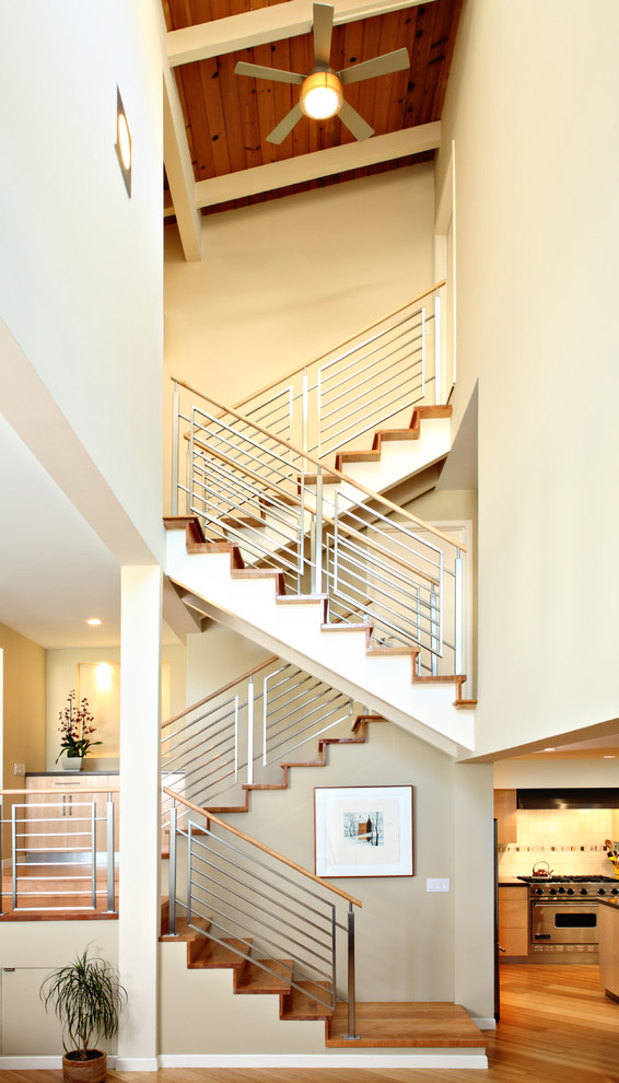 Metal Stair Railings Staircase Contemporary with Beige Wall Ceiling Fan