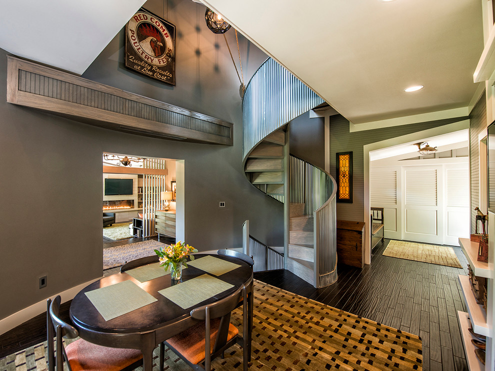 Metal Stair Rails Staircase Contemporary with Custom Made Galvanized Linear Fireplace