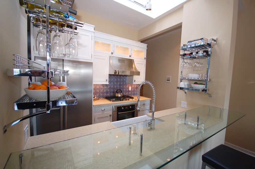 Metal Wall Shelves Kitchen Contemporary with Blue and White Tile