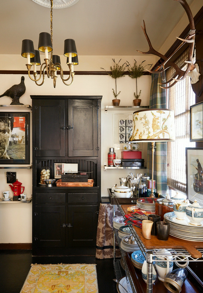 Metal Wall Shelves Kitchen Traditional with Antique Portrait Antler Chair
