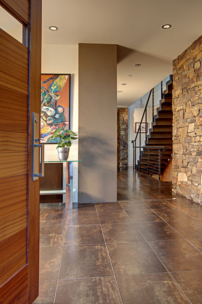 Metallic Porcelain Tile Entry Contemporary with Cable Railing Ceiling Lighting