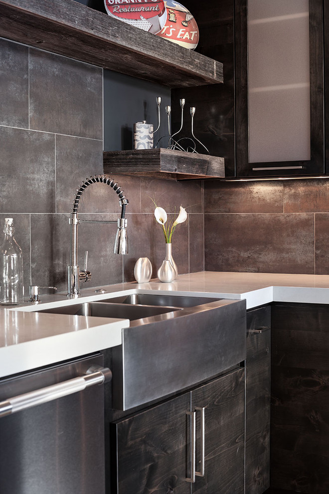 Metallic Porcelain Tile Kitchen Contemporary with 3 Form Accent Lighting Barn