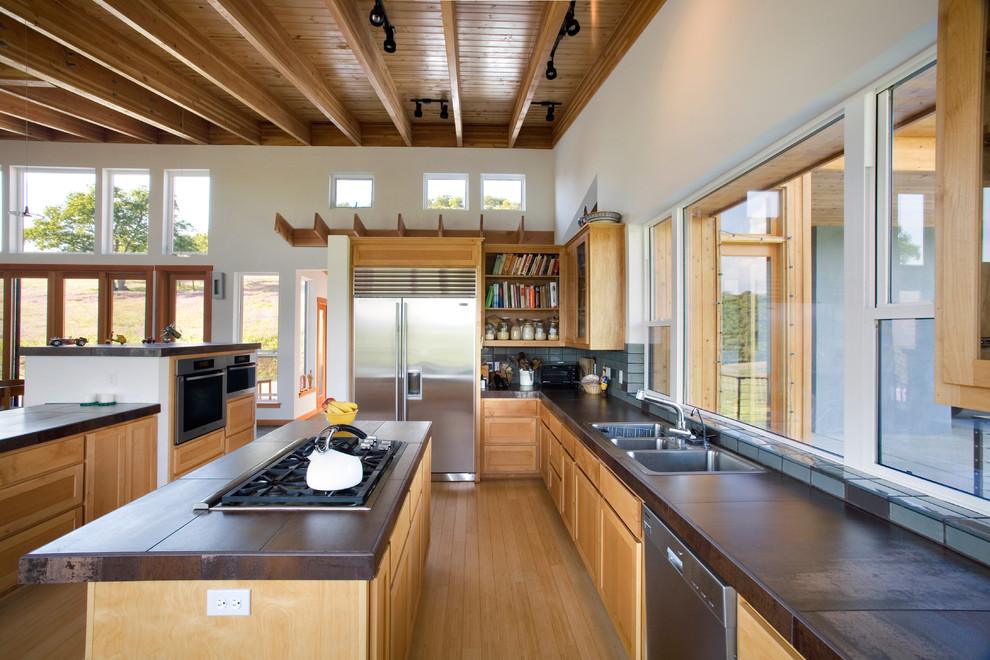Metallic Porcelain Tile Kitchen Contemporary with Blonde Wood Clerestory Double