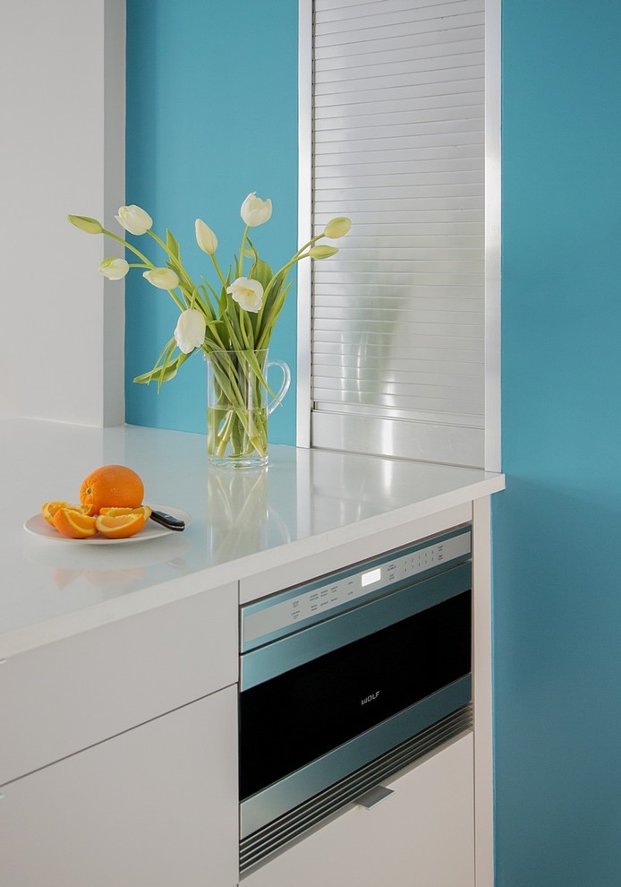 Microwave in Drawer Spaces Contemporary with Bright Colors Colorful Accents