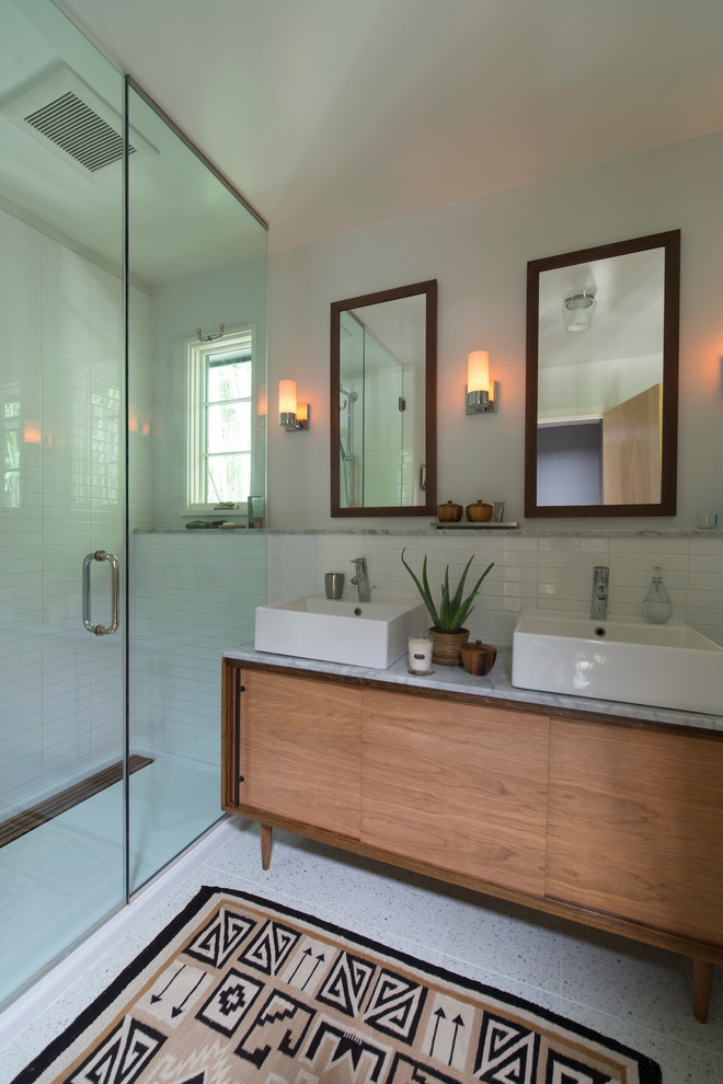Mid Century Bathroom Vanity Bathroom Transitional with Double Vanity Fiberglass Shower