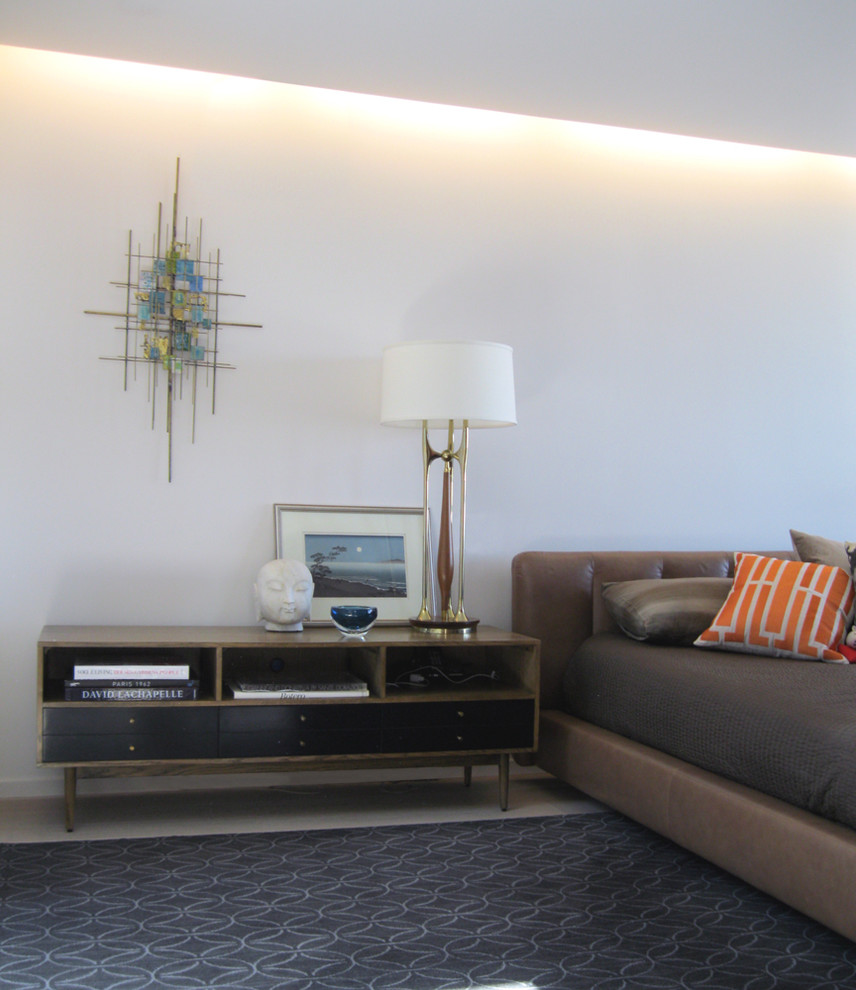 Mid Century Bed Bedroom Modern with Area Rug Artwork Bedside