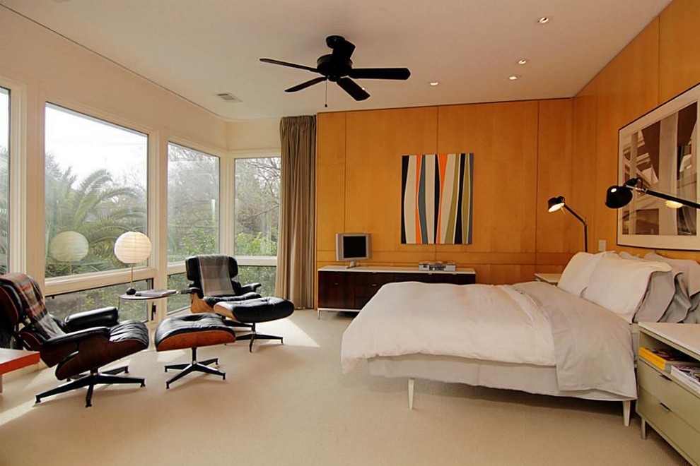 Mid Century Bed Bedroom Modern with Ceiling Fan Credenza Curtains