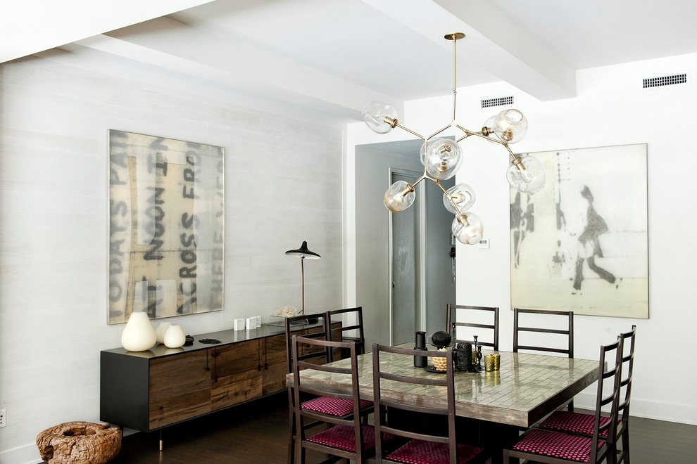 Mid Century Credenza Dining Room Contemporary with Beige and Black Artwork