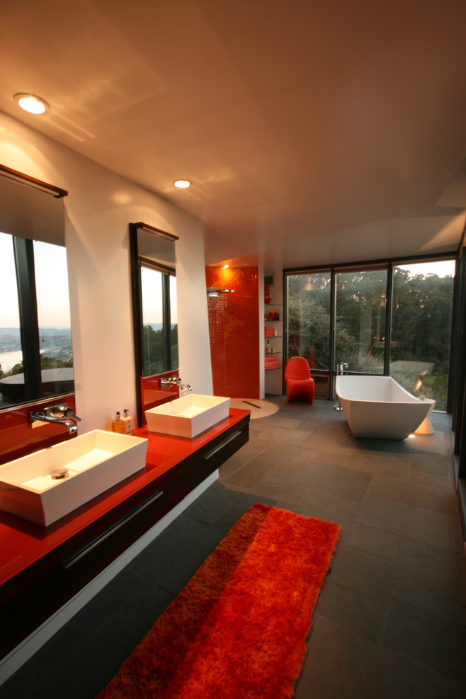 Mid Century Modern Bathroom Vanity Bathroom Midcentury with Bluestone Cabinet Carpet Color