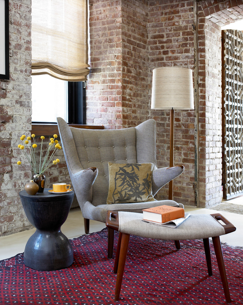 Mid Century Modern Furniture Living Room Midcentury with Exposed Brick Fabric Shades
