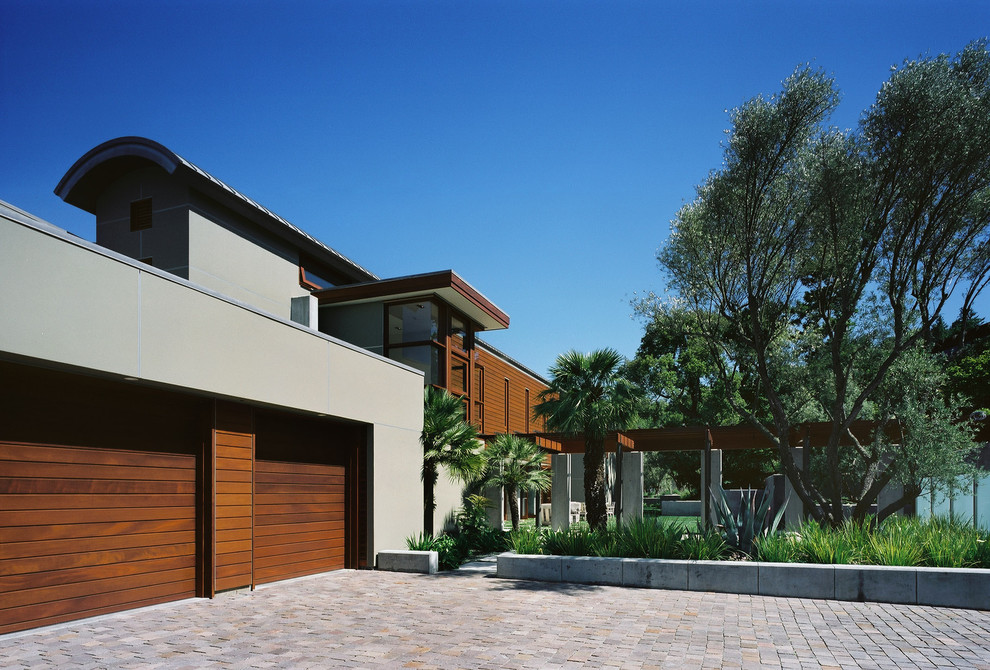 Mid Century Modern Garage Doors Exterior Contemporary with Brick Paving Concrete Columns