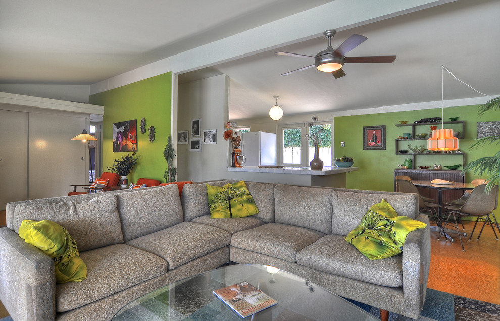 Mid Century Modern Sectional Living Room Midcentury with Bright Green Accent Wall