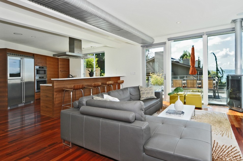 Mid Century Modern Sectional Living Room Modern with Cabinets Wood Floor Dark