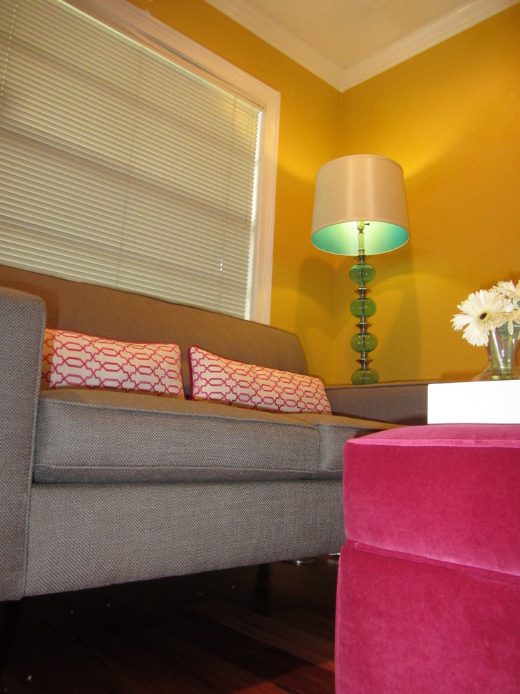 Mid Century Ottoman Living Room Contemporary with Fuchsia Velvet Grey Couch1