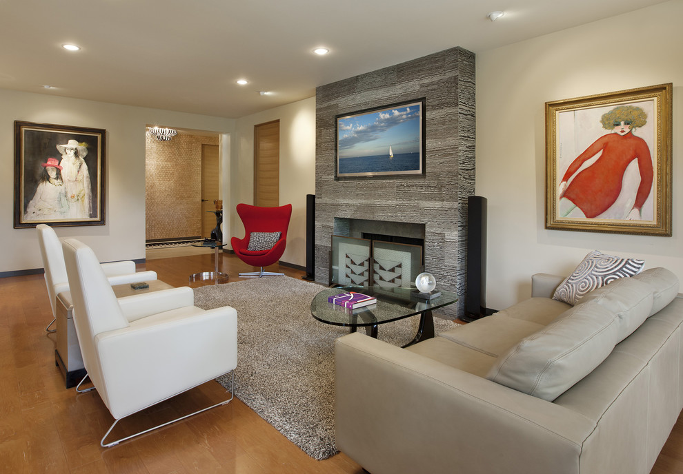 Mid Century Recliner Living Room Contemporary with Artwork Ceiling Lighting Fireplace