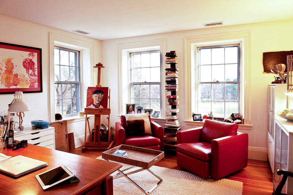 Mid Century Rug Home Office Eclectic with Art Book Shelves Cabinets