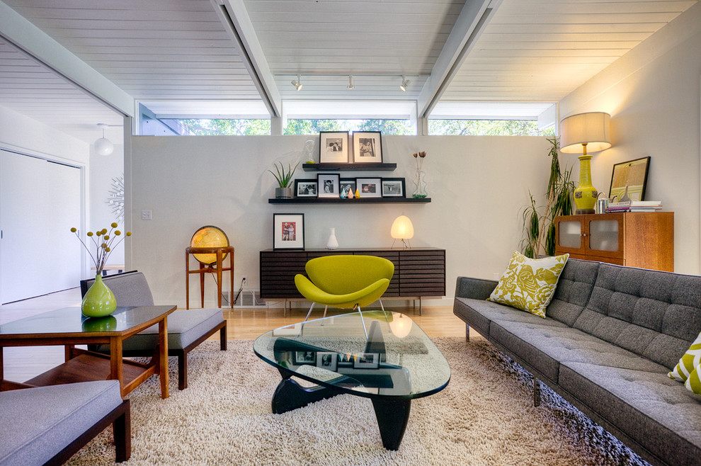 Mid Century Sleeper Sofa Living Room Midcentury with Exposed Beams Floating Shelves