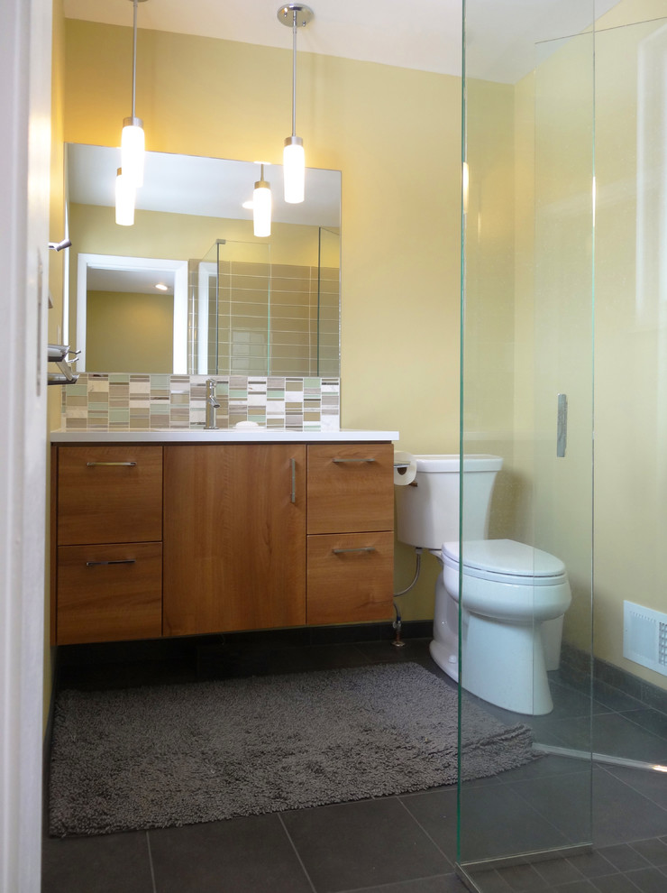 Mid Century Vanity Bathroom Midcentury with Cambria Quartz Glass Shower