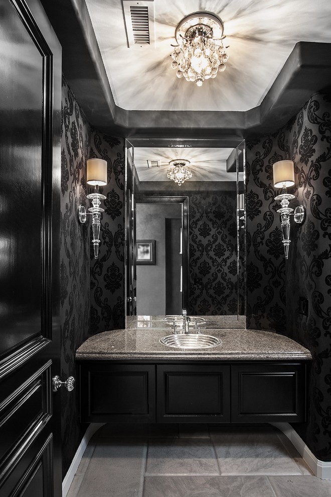 Mini Crystal Chandelier Powder Room Contemporary with Black and White Black