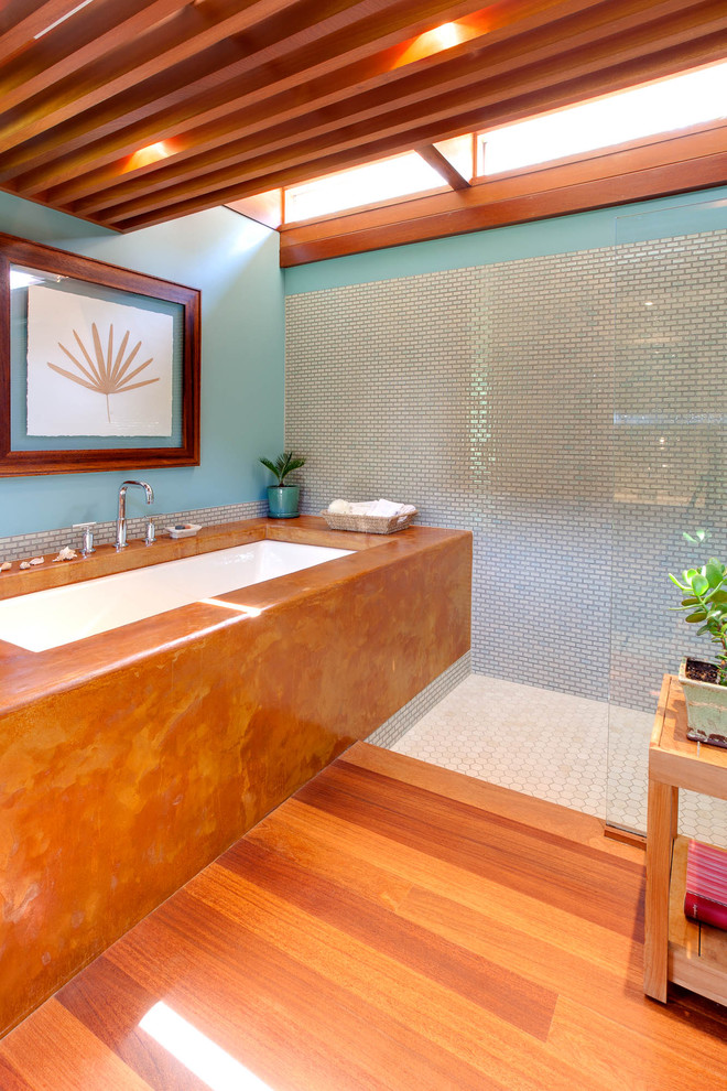 Mini Subway Tile Bathroom Midcentury with Aqua Floating Vanity Light