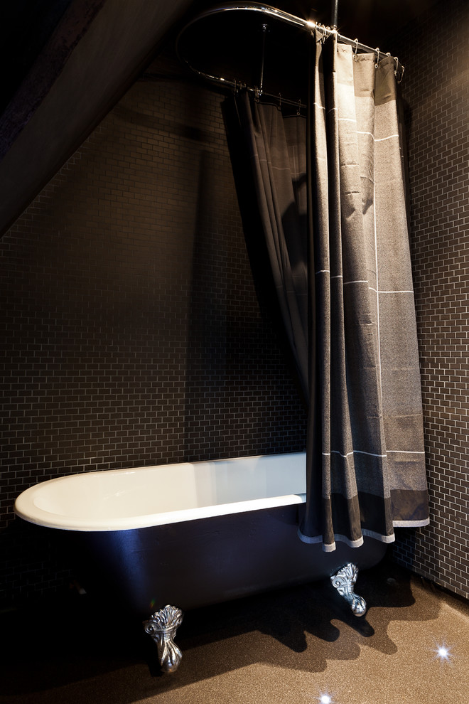 Mini Subway Tile Bathroom Modern with Bath Tub Black Freestanding