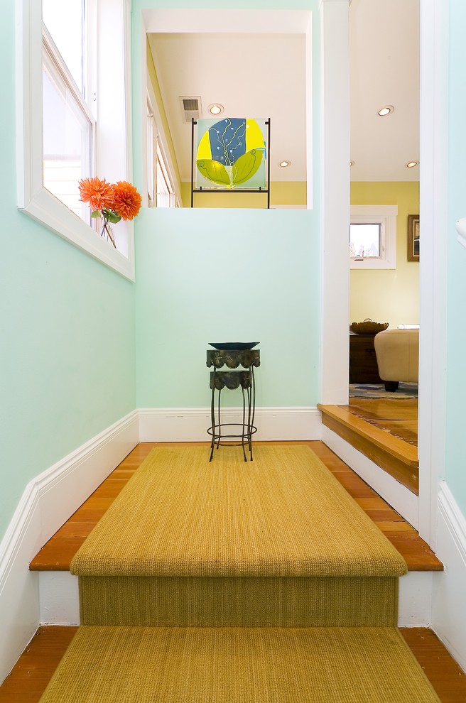 Mint Green Wall Paint Entry Contemporary with Baseboard Carpet Runner Ceiling