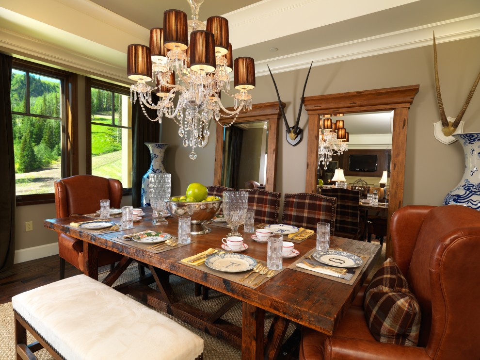 Mirrored Dining Table Dining Room Traditional with Antlers Bench Seat Chandelier