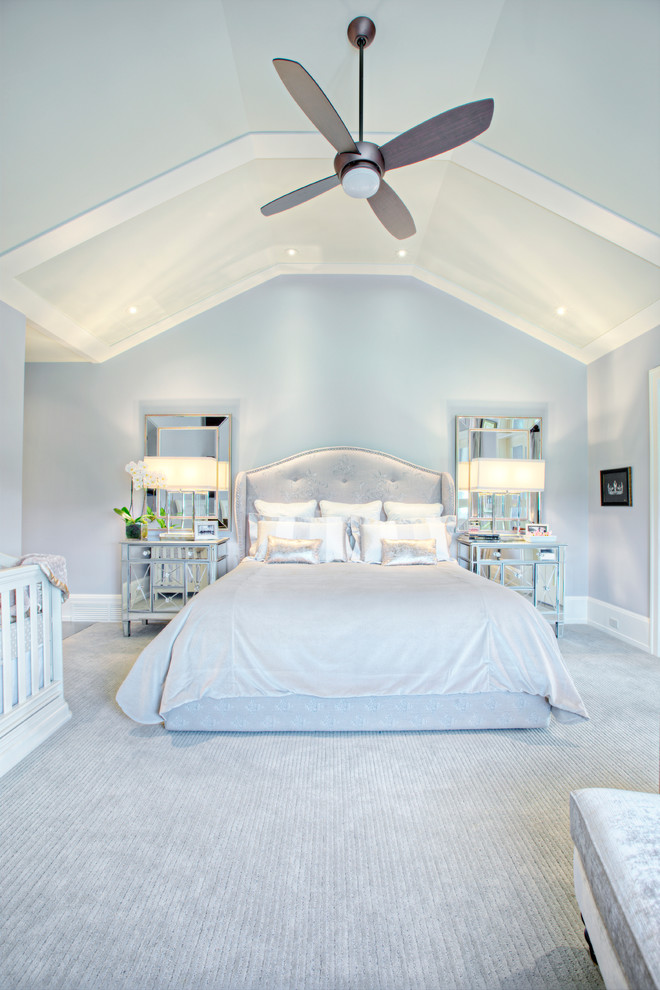 Mirrored End Table Bedroom Transitional with Bedding Carpet Ceiling Fan