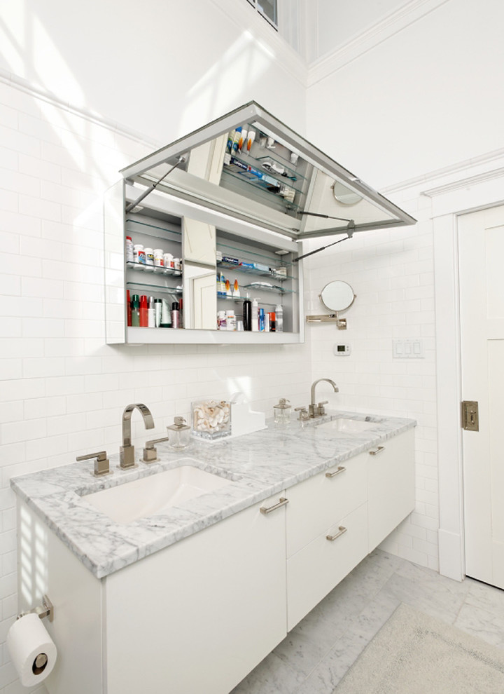 Mirrored Medicine Cabinet Bathroom Contemporary with Clerestory Windows Double Sink