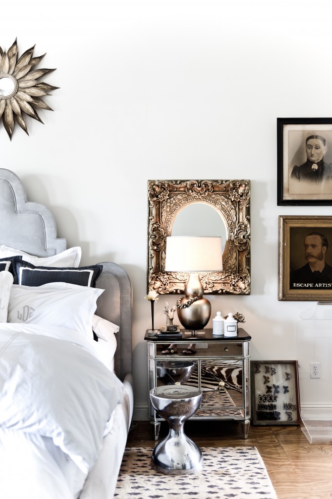 Mirrored Side Table Bedroom Transitional with Antique Photographs Bedside Table
