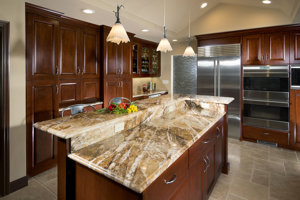 Mirrored Side Table Kitchen Transitional with Bay Window Brown Granite