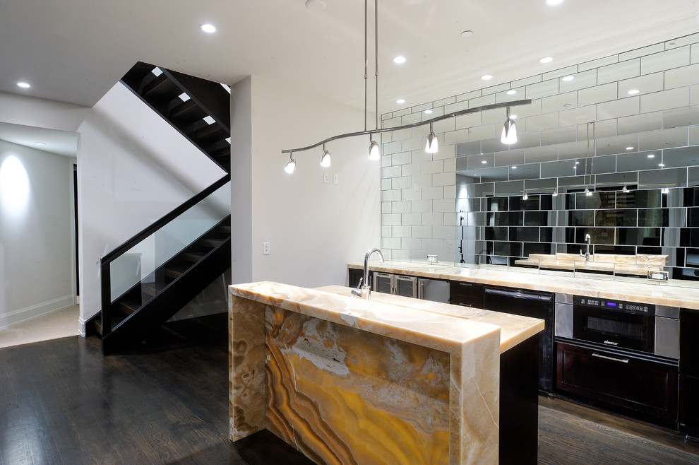 Mirrored Subway Tile Kitchen Contemporary with Ceiling Lighting Dark Floor