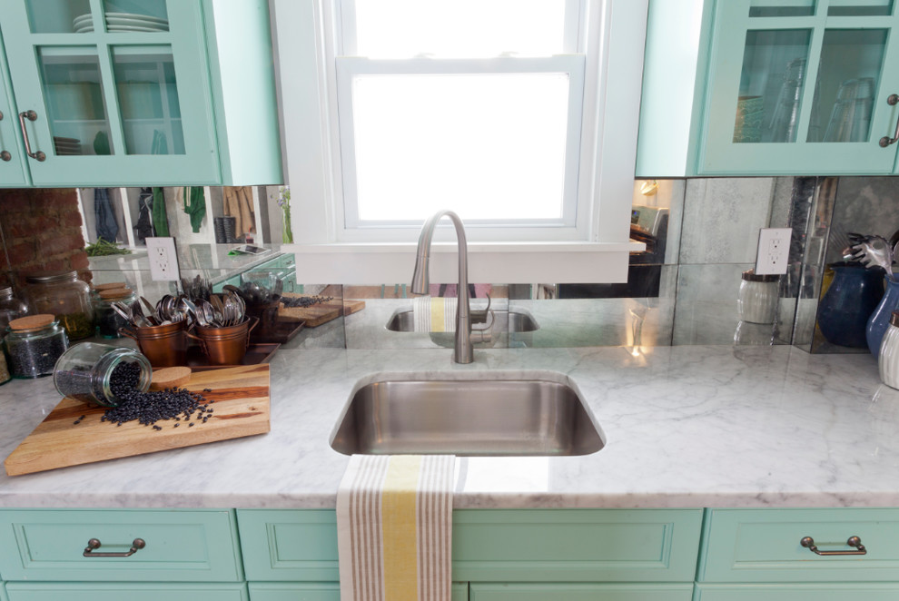 Mirrored Tile Backsplash Kitchen Craftsman with Blue Brunelleschi Construction Contemporary