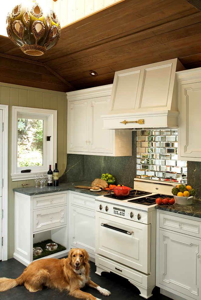 Mirrored Tile Backsplash Kitchen Eclectic with Cabinetry California Ceiling Lighting