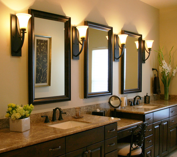 Mirrored Wall Sconce Bathroom Traditional with Framed Mirrors Marble Counter