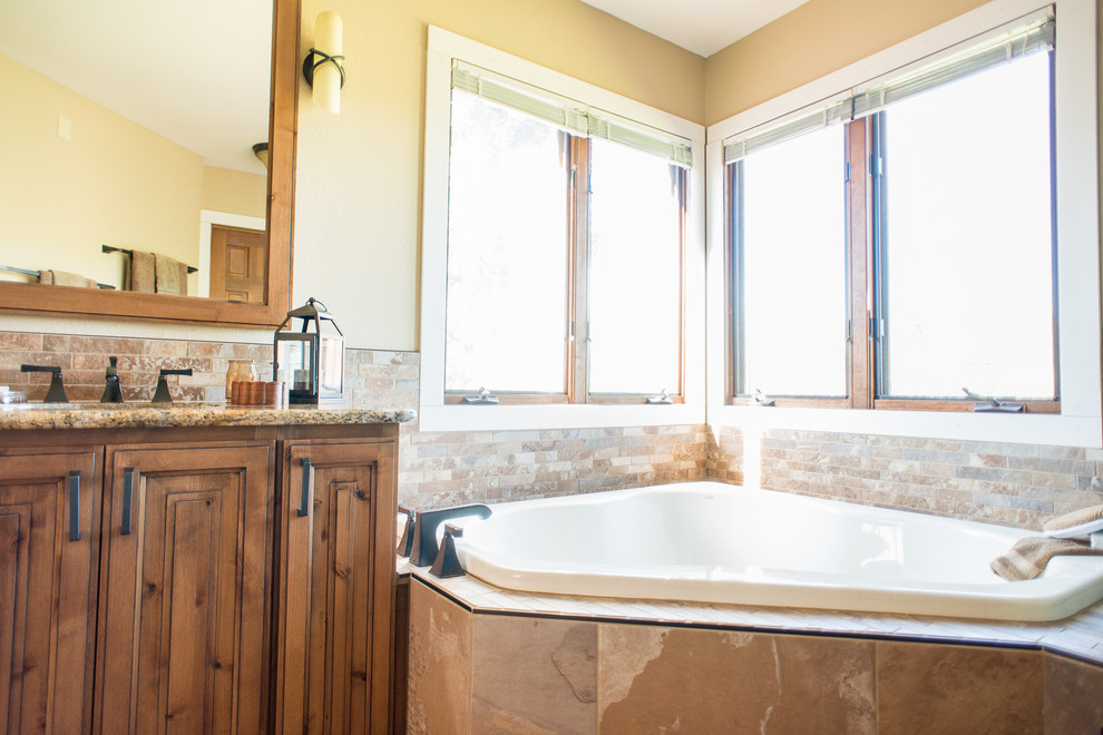 Mission Style Bathroom Bathroom Craftsman with Corner Bathtub Knotty Alder