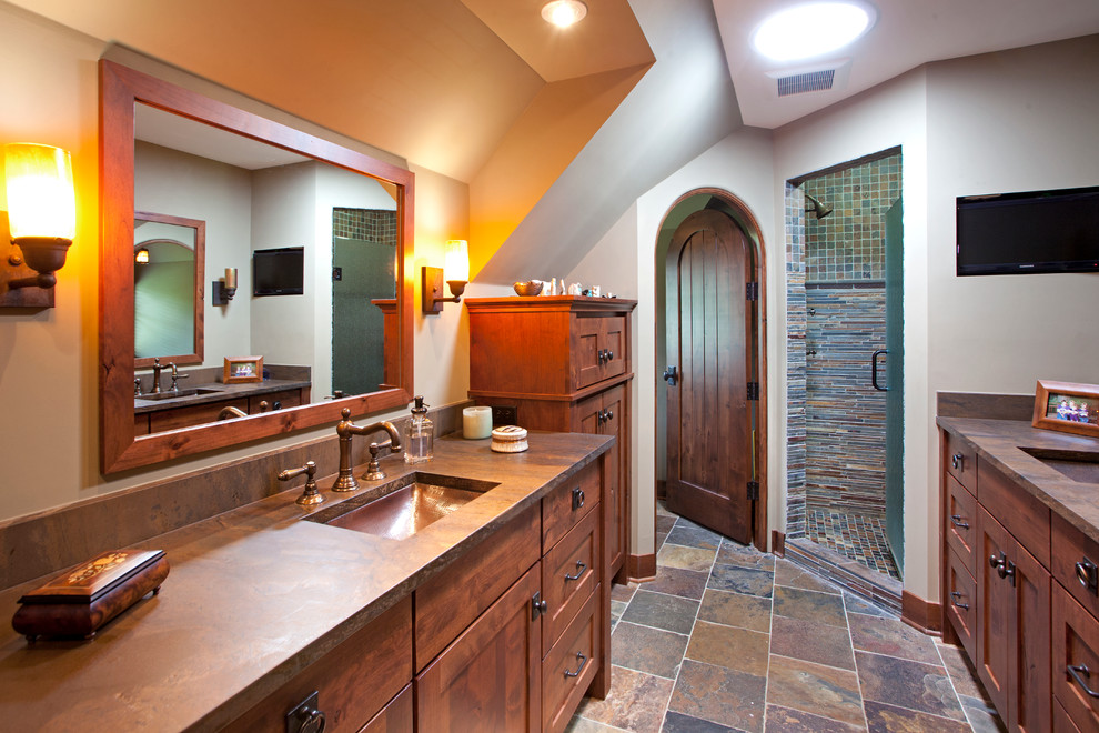 Mission Style Cabinet Doors Bathroom Farmhouse with Arched Door Brown Countertop