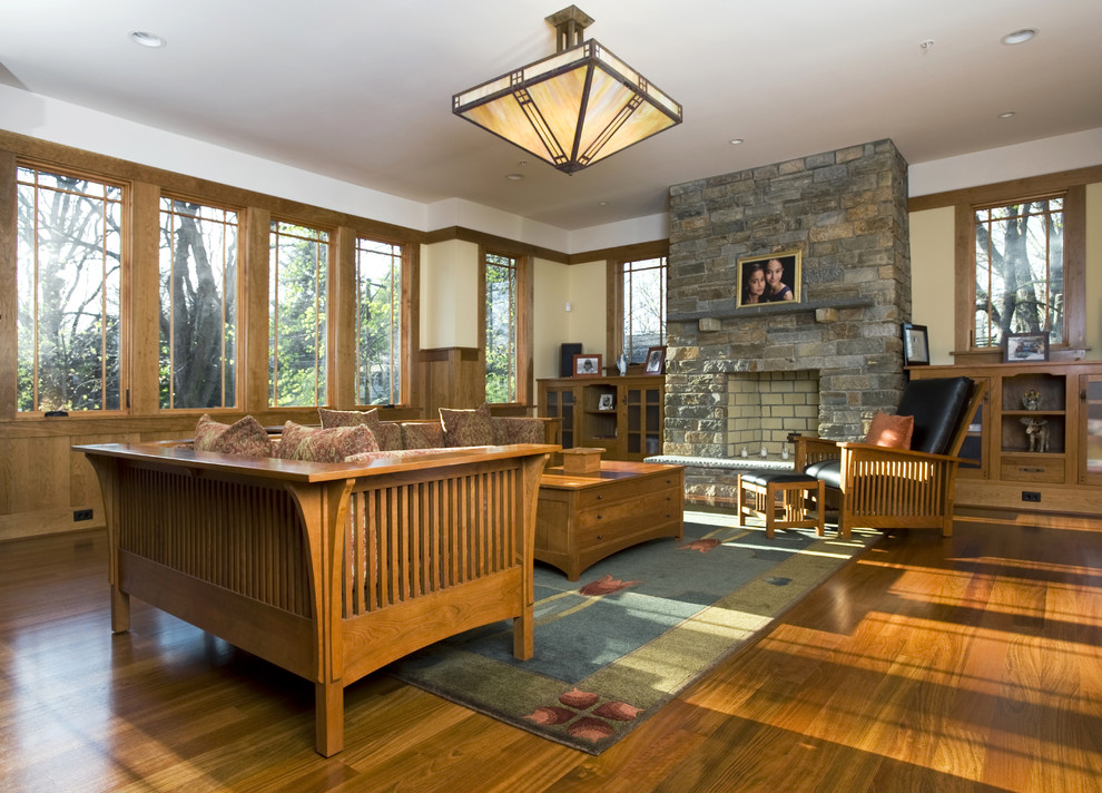 Mission Style Decor Family Room Craftsman with Area Rug Built In