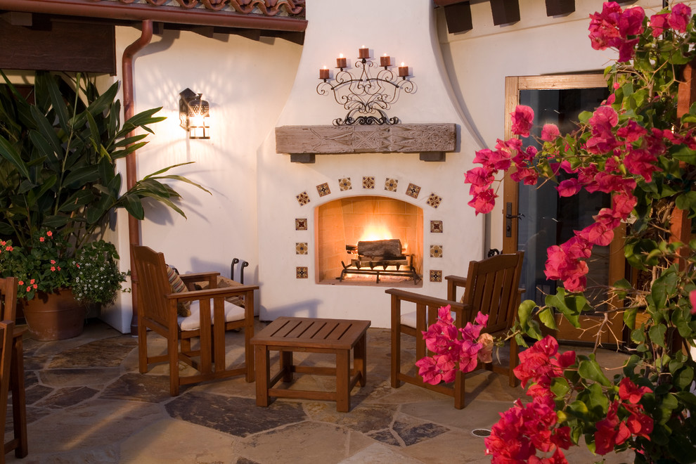 Mission Style Fireplace Patio Mediterranean with Candelabra Glass Door Mediterranean