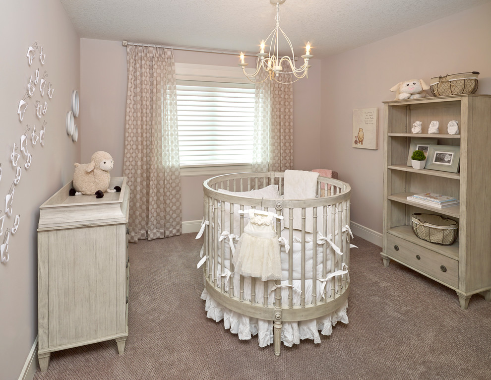 Modern Baby Crib Nursery Transitional with Baseboard Beige Carpeting Chandelier