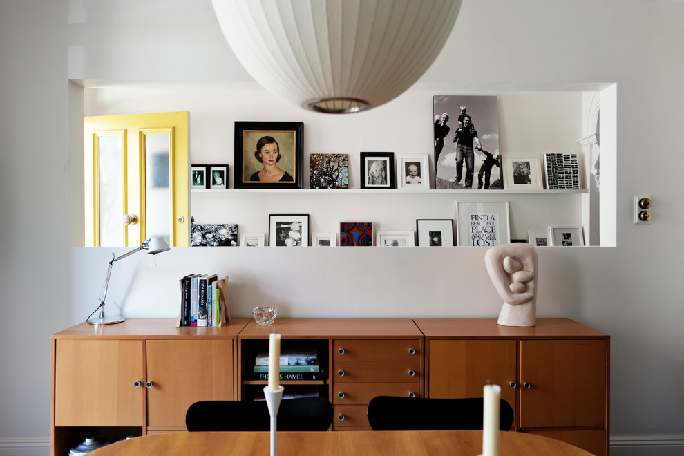Modern Bathroom Pictures Dining Room Midcentury with Black Chairs Book Shelf